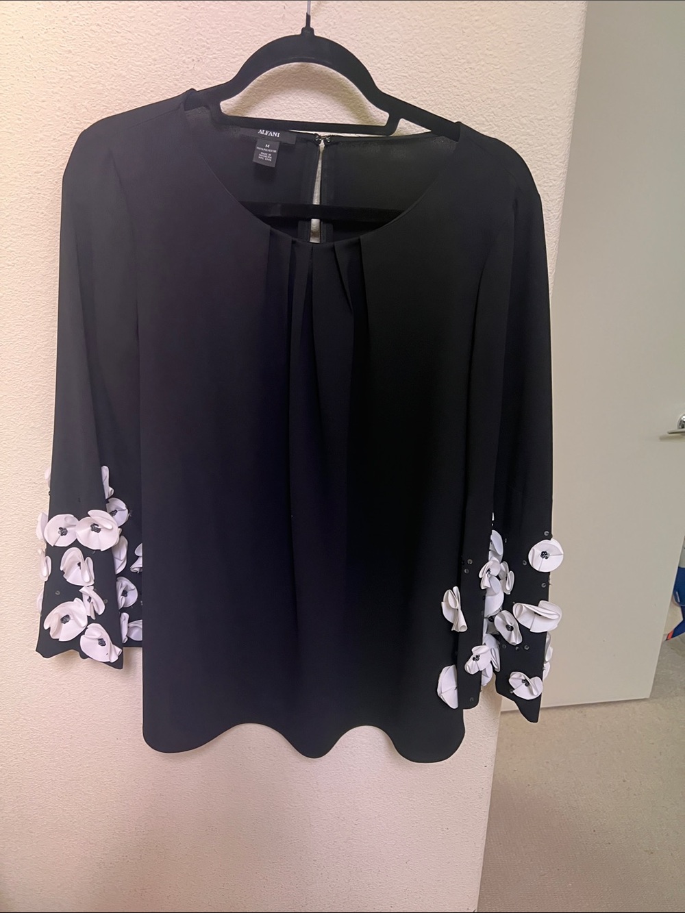 Alfani Black Blouse with White Floral Appliqué
